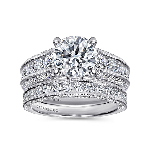 Rebecca - Vintage Inspired Platinum Round Wide Band Diamond Channel Set Engagement Ring - 1.29 ct - Shot 4