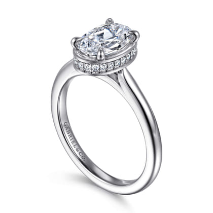 Reece - 14K White Gold Oval Bezel Prong Hidden Halo Diamond Engagement Ring