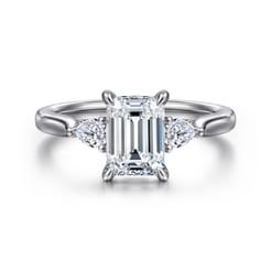 Reema - 14K White Gold Emerald Cut Three Stone Lotus Diamond Engagement Ring