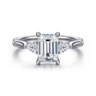 Reema - 14K White Gold Emerald Cut Three Stone Lotus Diamond Engagement Ring