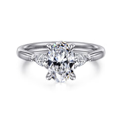 14K White Gold Oval Three Stone Lotus Diamond Engagement Ring