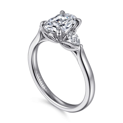 Reema - 14K White Gold Oval Three Stone Lotus Diamond Engagement Ring