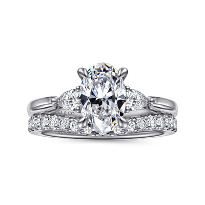 Reema - 14K White Gold Oval Three Stone Lotus Diamond Engagement Ring