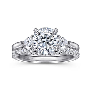 Reema - 14K White Gold Three Stone Round Lotus Diamond Engagement Ring