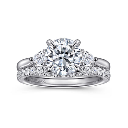 Reema - 14K White Gold Three Stone Round Lotus Diamond Engagement Ring