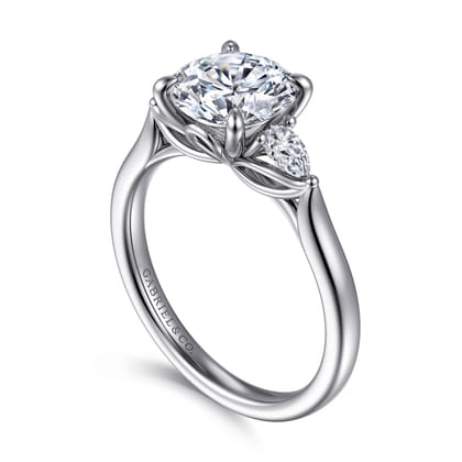 Reema - 14K White Gold Three Stone Round Lotus Diamond Engagement Ring