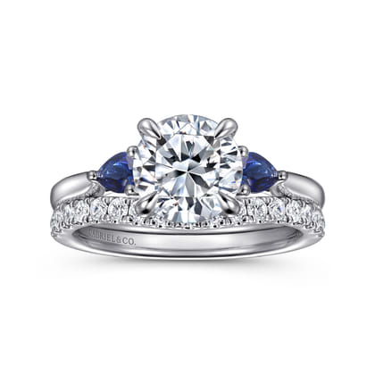 Reema - 14K White Gold Three Stone Round Lotus Sapphire and Diamond Engagement Ring