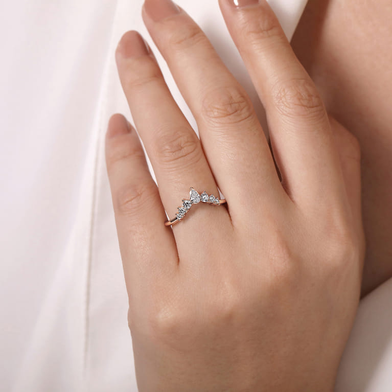 Curved Wedding Ring in 14k Rose Gold with Pear Natural Diamond at Gabriel & Co. - Shot 5