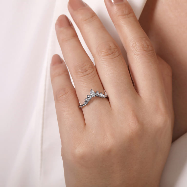 Curved Wedding Ring in Platinum with Pear Natural Diamond at Gabriel & Co. - Shot 5