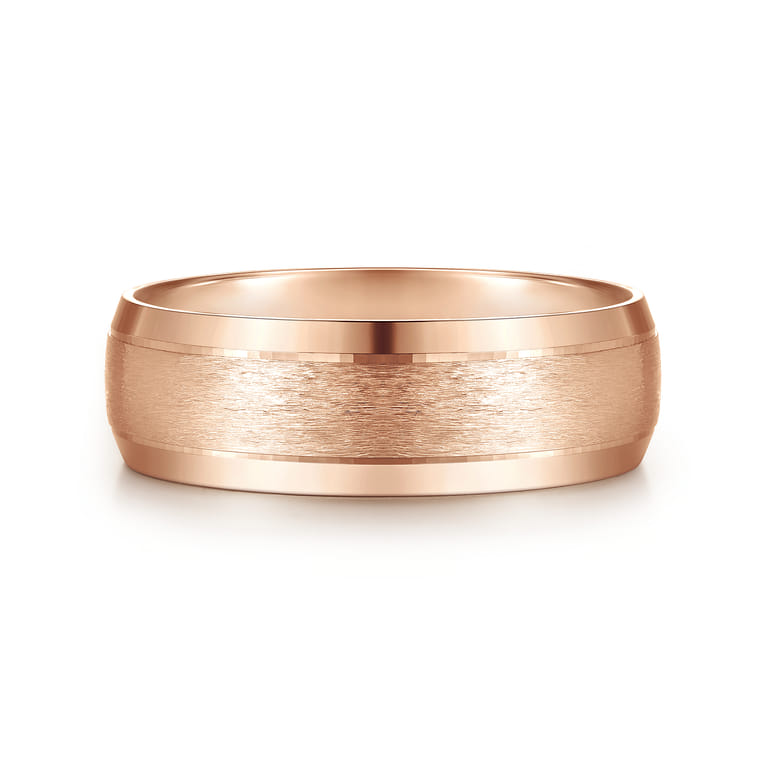 Robert - 14K Rose Gold 7mm - Beveled Edge Men's Wedding Band in Horizontal Brush Finish - Shot 1