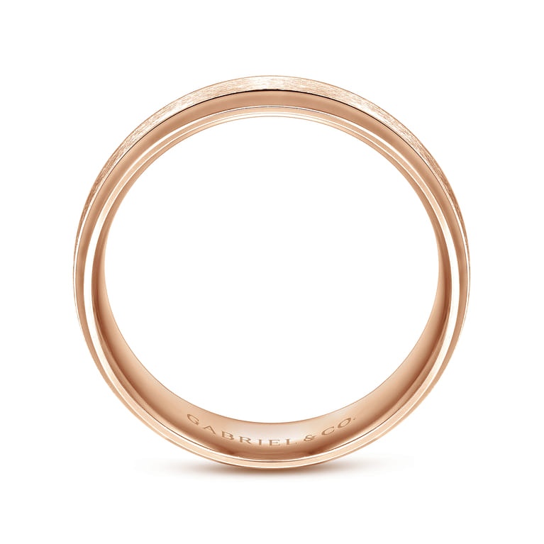 Robert - 14K Rose Gold 7mm - Beveled Edge Men's Wedding Band in Horizontal Brush Finish - Shot 2