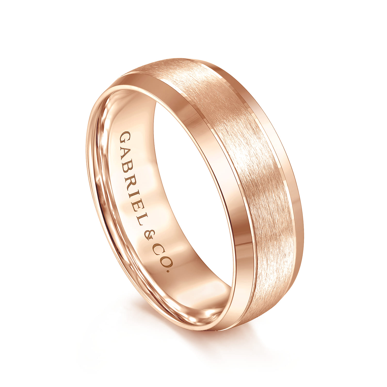 Robert - 14K Rose Gold 7mm - Beveled Edge Men's Wedding Band in Horizontal Brush Finish - Shot 3