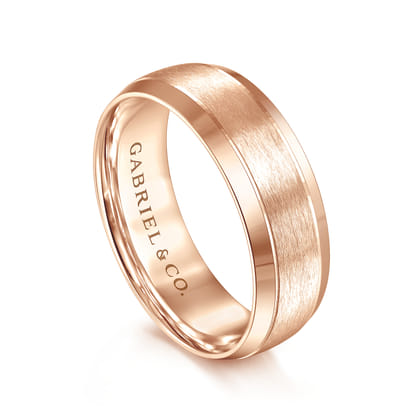 Robert - 14K Rose Gold 7mm - Beveled Edge Men's Wedding Band in Horizontal Brush Finish