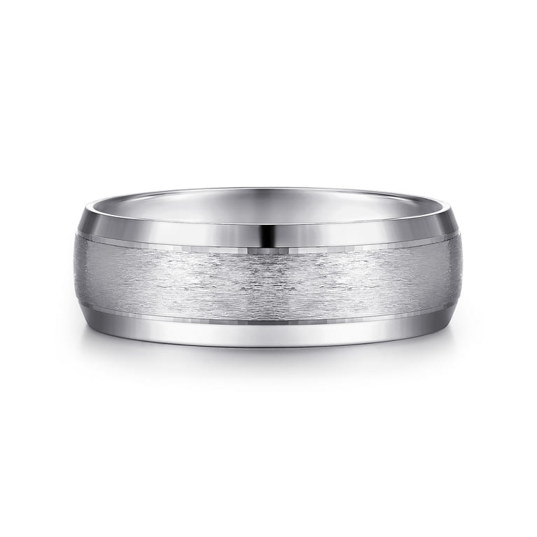 Robert - 14K White Gold 7mm - Beveled Edge Men's Wedding Band in Horizontal Brush Finish - Shot 1