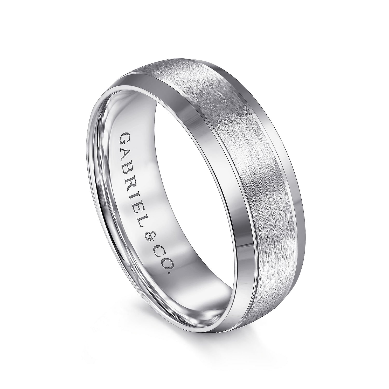 Robert - 14K White Gold 7mm - Beveled Edge Men's Wedding Band in Horizontal Brush Finish