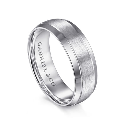Robert - 14K White Gold 7mm - Beveled Edge Men's Wedding Band in Horizontal Brush Finish