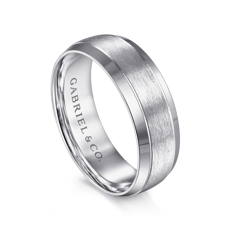Robert - 14K White Gold 7mm - Beveled Edge Men's Wedding Band in Horizontal Brush Finish - Shot 3