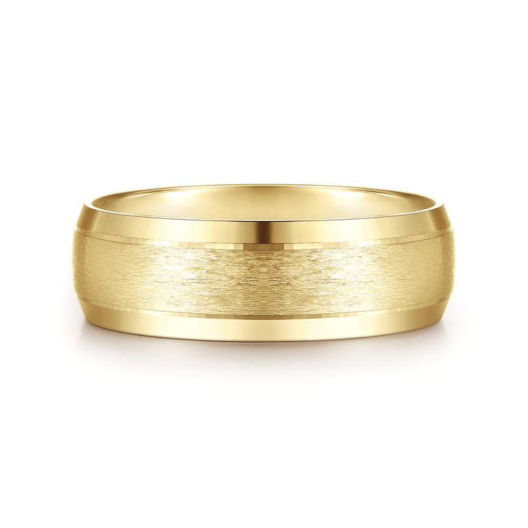Robert - 14K Yellow Gold 7mm - Beveled Edge Men's Wedding Band in Horizontal Brush Finish - Shot 1