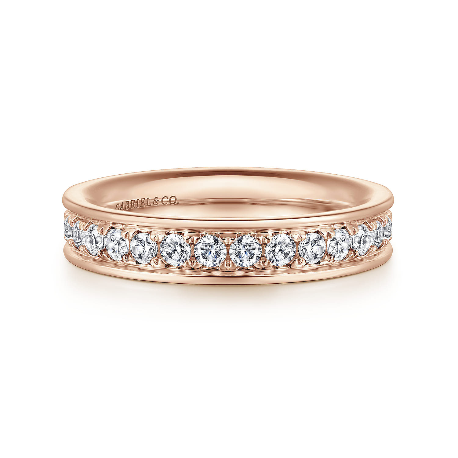 Eternity Band Wedding Ring in 14k Rose Gold with Round Natural Diamond at Gabriel & Co. - Shot 1