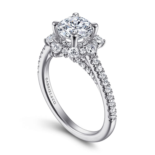 Rosetta - 14K White Gold Floral Halo Round Diamond Engagement Ring - 0.75 ct - Shot 3
