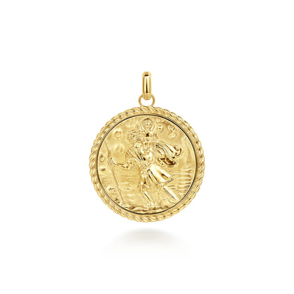 Round 14K Yellow Gold St. Christopher Protect Us Pendant with Twisted Rope Frame