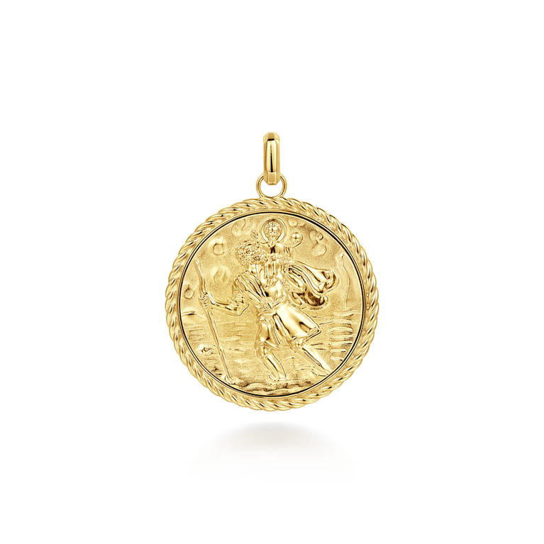 Round 14K Yellow Gold St. Christopher Protect Us Pendant with Twisted Rope Frame - Shot 1
