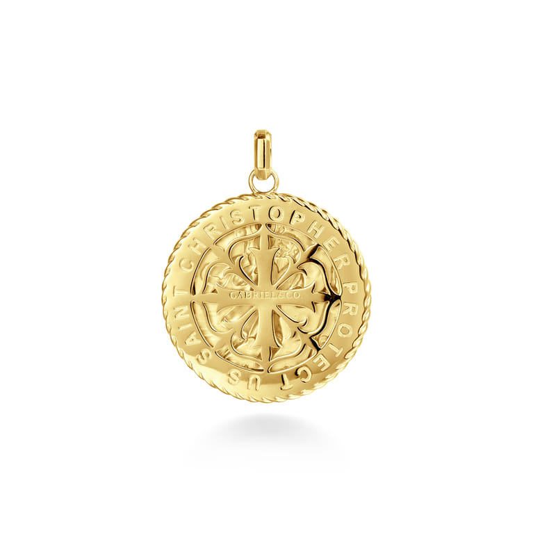Round 14K Yellow Gold St. Christopher Protect Us Pendant with Twisted Rope Frame - Shot 2