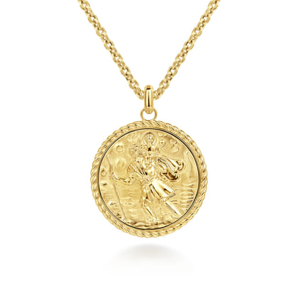 Round 14K Yellow Gold St. Christopher Protect Us Pendant with Twisted Rope Frame