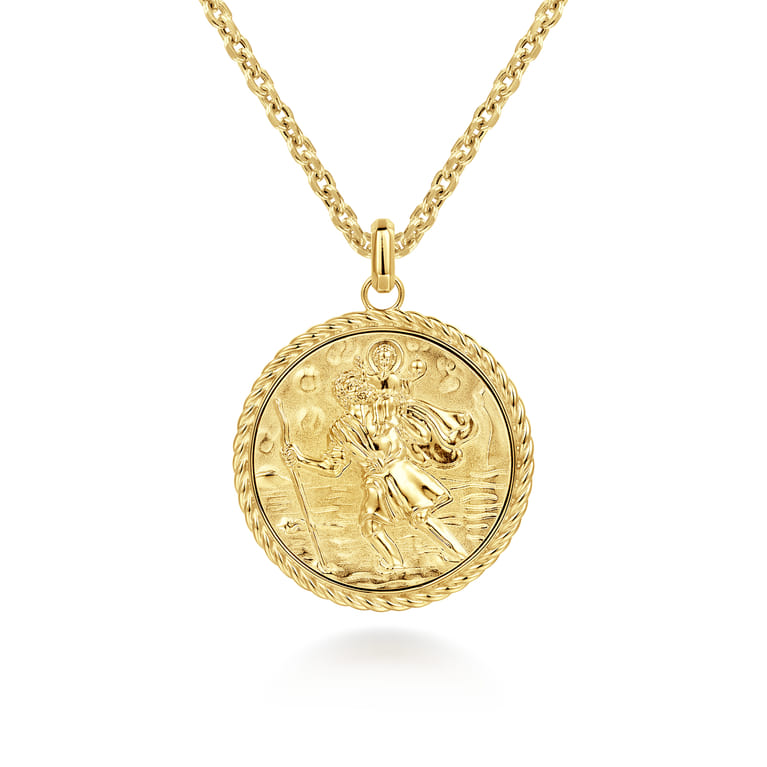 Round 14K Yellow Gold St. Christopher Protect Us Pendant with Twisted Rope Frame - Shot 3