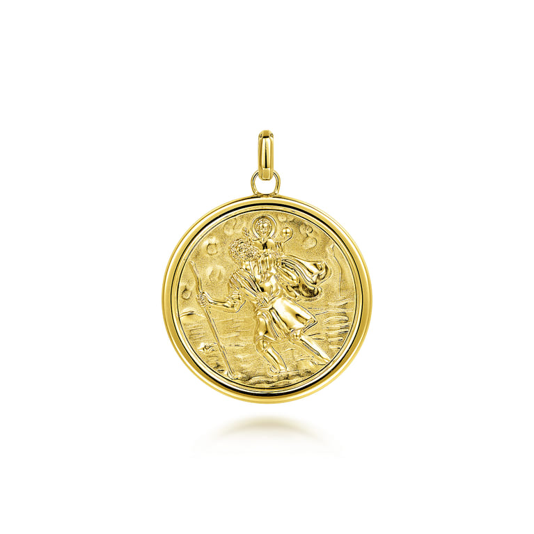 Round 14K Yellow Gold St. Christopher Protect Us Pendant - Shot 1