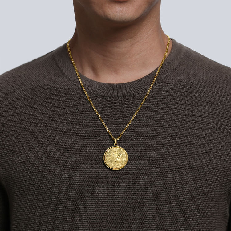 Round 14K Yellow Gold St Christopher Protect Us Pendant