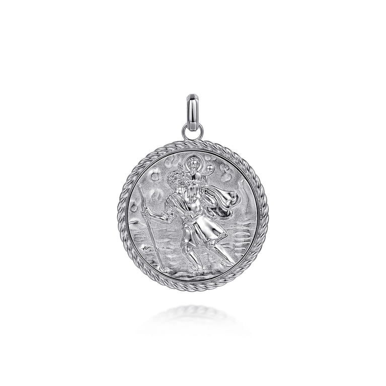 Round 925 Sterling Silver St. Christopher Protect Us Pendant with Twisted Rope Frame - Shot 1