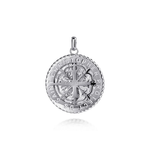 Round 925 Sterling Silver St  Christopher Protect Us Pendant with Twisted Rope Frame - Shot 2