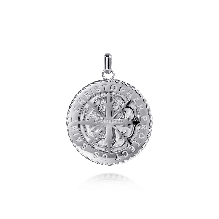 Round 925 Sterling Silver St. Christopher Protect Us Pendant with Twisted Rope Frame - Shot 2