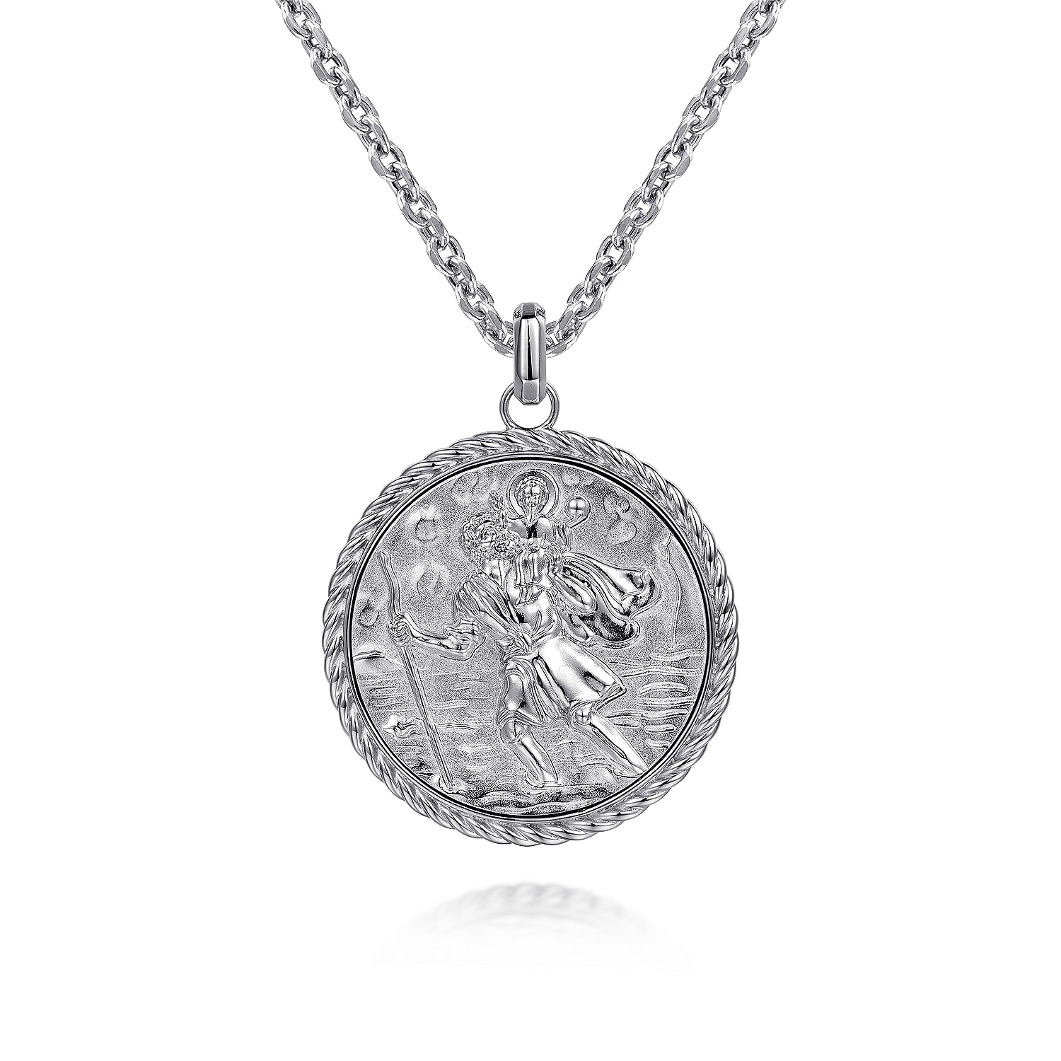 Round 925 Sterling Silver St Christopher Protect Us Pendant with Twisted Rope Frame - Shot 3