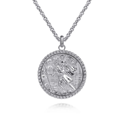 Round 925 Sterling Silver St. Christopher Protect Us Pendant with Twisted Rope Frame