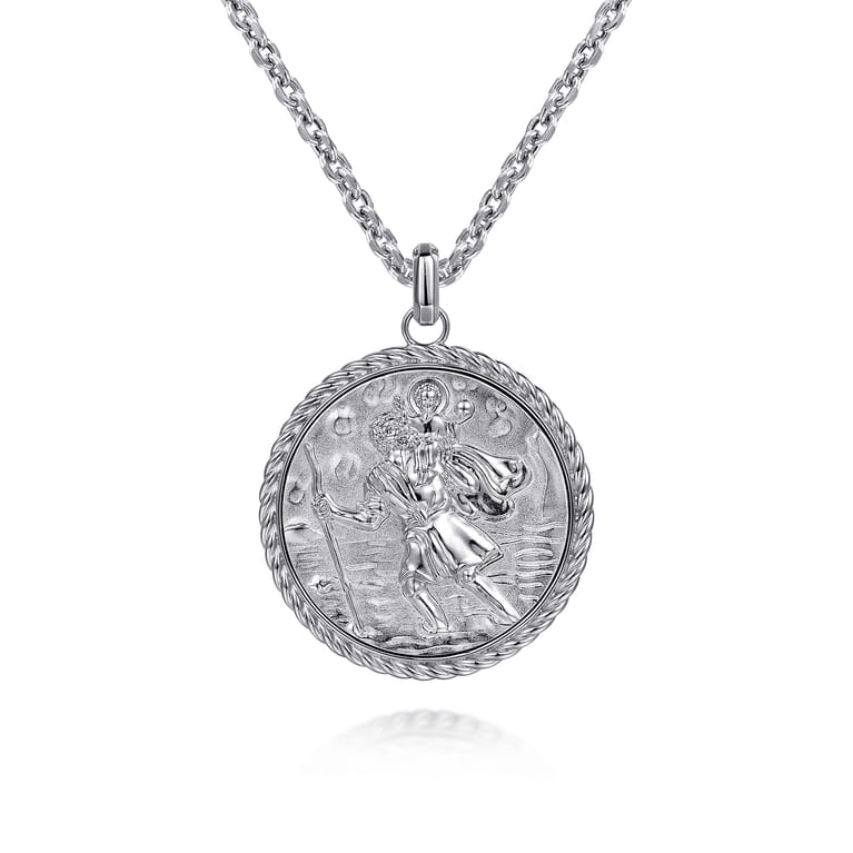 Round 925 Sterling Silver St. Christopher Protect Us Pendant with Twisted Rope Frame - Shot 3