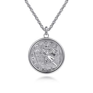 Round 925 Sterling Silver St. Christopher Protect Us Pendant