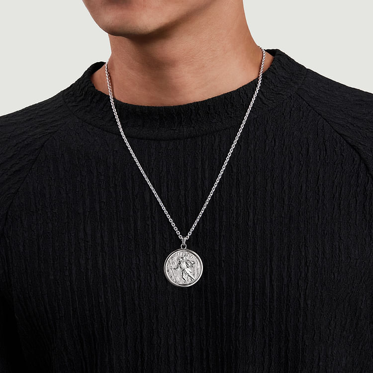Round 925 Sterling Silver St Christopher Protect Us Pendant