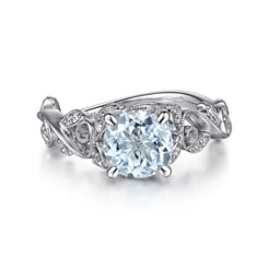 14K White Gold Split Shank Round Aquamarine and Diamond Engagement Ring
