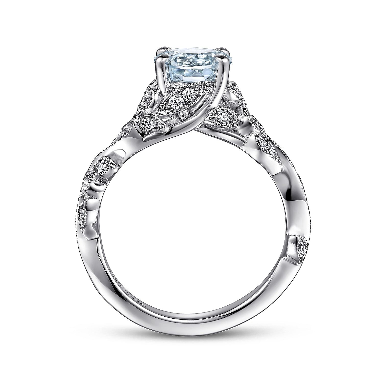 Roxanna - 14K White Gold Split Shank Round Aquamarine and Diamond Engagement Ring