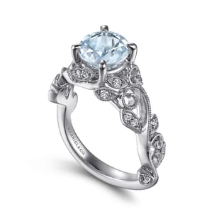 Roxanna - 14K White Gold Split Shank Round Aquamarine and Diamond Engagement Ring