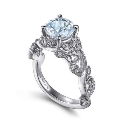 Roxanna - 14K White Gold Split Shank Round Aquamarine and Diamond Engagement Ring