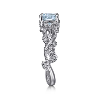 Roxanna - 14K White Gold Split Shank Round Aquamarine and Diamond Engagement Ring