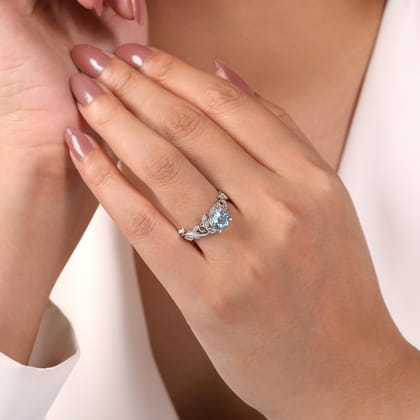 Roxanna - 14K White Gold Split Shank Round Aquamarine and Diamond Engagement Ring