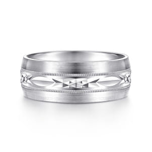 Russell - 14K White Gold 8mm - Engraved Men's Wedding Band in Satin Finish
