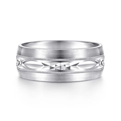 Russell - 14K White Gold 8mm - Engraved Men's Wedding Band in Satin Finish