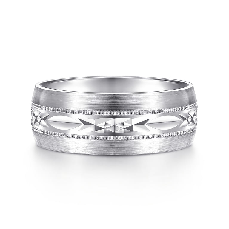 Russell - 14K White Gold 8mm - Engraved Men's Wedding Band in Satin Finish - Shot 1