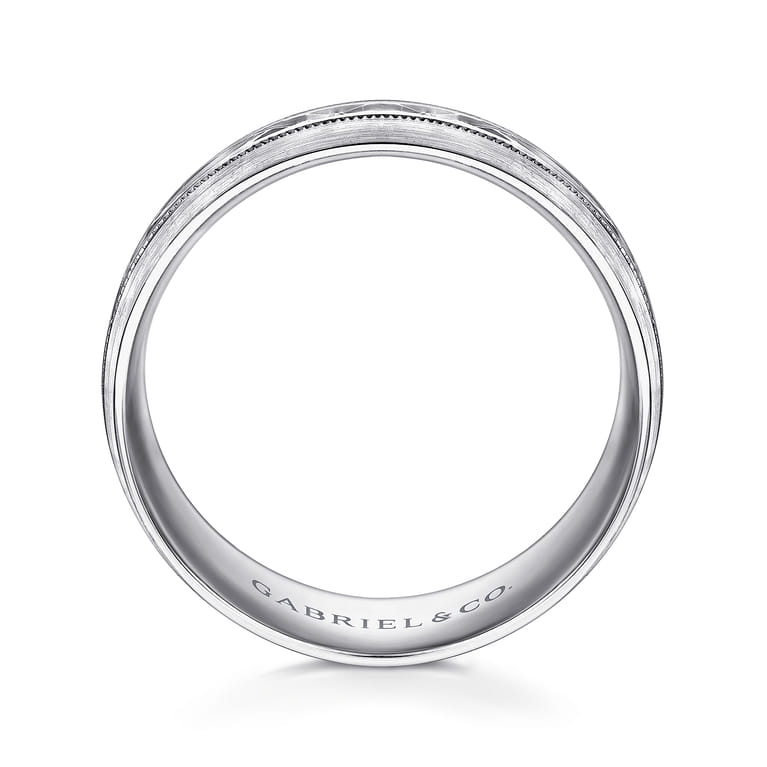 Russell - 14K White Gold 8mm - Engraved Men's Wedding Band in Satin Finish - Shot 2