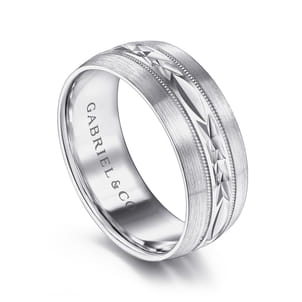 Russell - 14K White Gold 8mm - Engraved Men's Wedding Band in Satin Finish